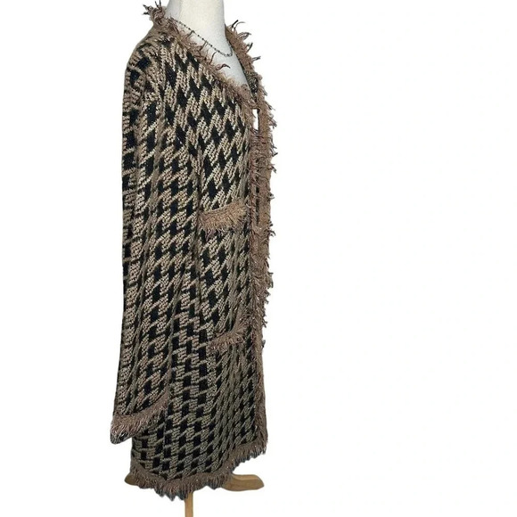 Davi + Dani 2X trendy black tan gold long fringe trim long sweater coat - Picture 4 of 11